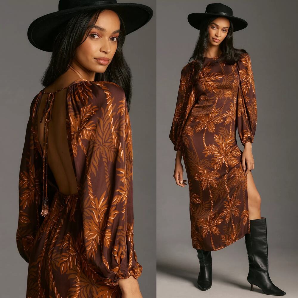 NWT Anthropologie Farm Rio Long Sleeve Low Back Palm Printed Midi Dress Small